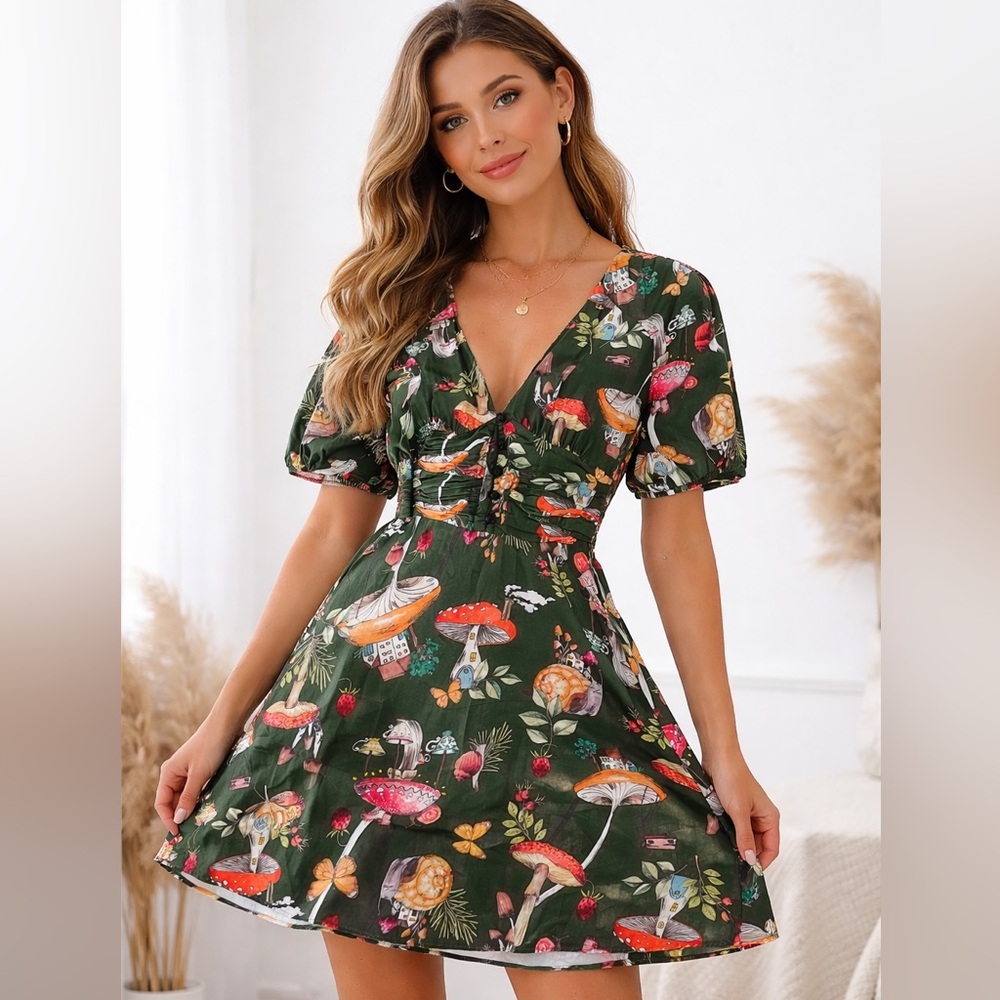 Green Floral & Mushroom Mini Dress - V-Neck Short Sleeve